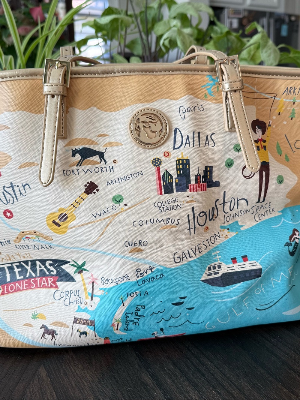 Spartina 449 Tan, Cream & Blue Texas Map Cityscape Tote